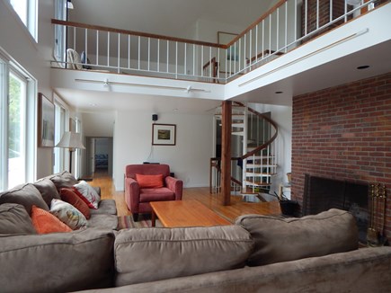 Chilmark Martha's Vineyard vacation rental - Living room with spiral staircase to upper bedrooms