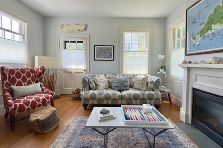 Vineyard Haven, Martha's Viney Martha's Vineyard vacation rental - Living room with patterned and solid sofas with fireplace.