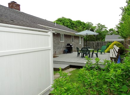 In town Edgartown!!! Martha's Vineyard vacation rental - Fenced back area with deck, dining, grill and outdoor shower 