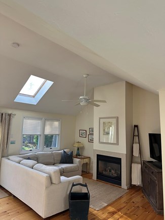 Edgartown Martha's Vineyard vacation rental - Living room with a sliding door to the back deck & a large lawn